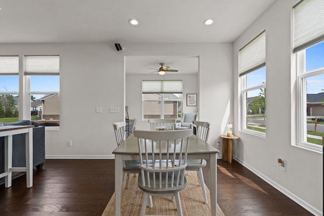 4051 Colfax Ct, Canton, MI 48188 - dining area featuring baseboards, a ceiling fan, dark wood-type flooring, and recessed lighting