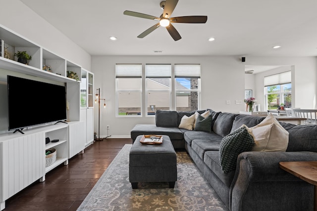 4051 Colfax Ct, Canton, MI 48188 - living room featuring a ceiling fan, dark wood-style floors, recessed lighting, and baseboards