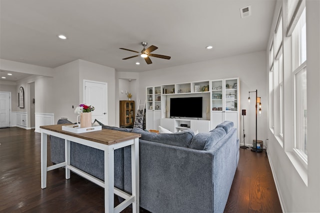 4051 Colfax Ct, Canton, MI 48188 - living room with dark wood-style floors, ceiling fan, and recessed lighting