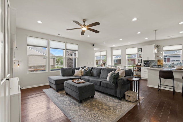 4051 Colfax Ct, Canton, MI 48188 - living room featuring ceiling fan, plenty of natural light, dark wood-style floors, and recessed lighting