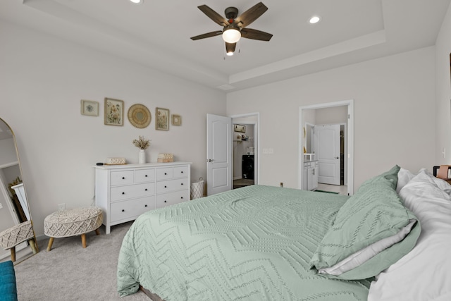 4051 Colfax Ct, Canton, MI 48188 - carpeted bedroom featuring recessed lighting, a tray ceiling, and a ceiling fan