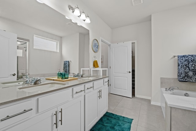 4051 Colfax Ct, Canton, MI 48188 - full bath with tile patterned floors, double vanity, a bath, baseboards, and a shower with door