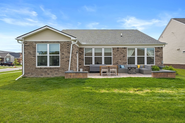4051 Colfax Ct, Canton, MI 48188 - rear view of property with an outdoor living space, brick siding, a lawn, a patio, and a shingled roof