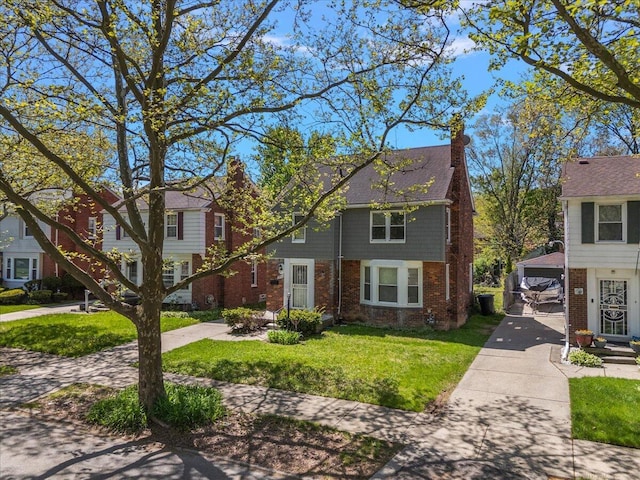 5921 Hillcrest St, Grosse Pointe, MI 48236 - view of front of property with brick siding, a front lawn, and a chimney