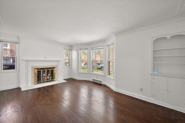 5921 Hillcrest St, Grosse Pointe, MI 48236 - unfurnished living room featuring wood finished floors, healthy amount of natural light, a fireplace, ornamental molding, and baseboards