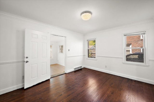 5921 Hillcrest St, Grosse Pointe, MI 48236 - empty room featuring dark wood-style flooring, baseboards, and ornamental molding