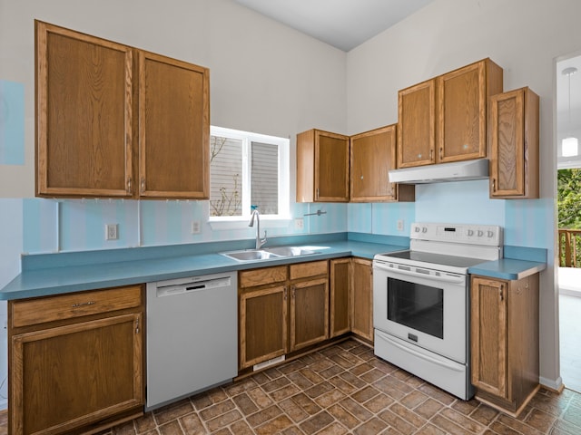 3201 Kilburn Park Cir, Ann Arbor, MI 48105 - kitchen with dishwashing machine, white electric range, under cabinet range hood, a sink, and brown cabinetry