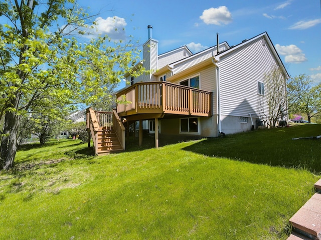 3201 Kilburn Park Cir, Ann Arbor, MI 48105 - rear view of property featuring a deck, a yard, stairs, and a chimney