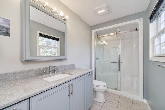 1972 Pine Ridge Dr, Manistee, MI 49660 - full bath with tile patterned flooring, a stall shower, toilet, and vanity