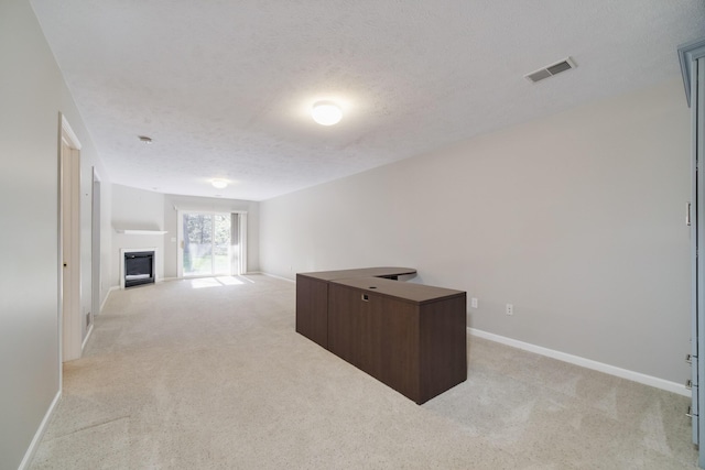1972 Pine Ridge Dr, Manistee, MI 49660 - unfurnished office with light colored carpet, baseboards, a fireplace, and a textured ceiling