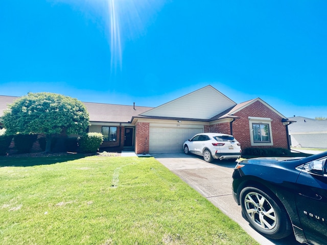 ranch-style house with a garage, brick siding, a front yard, and driveway