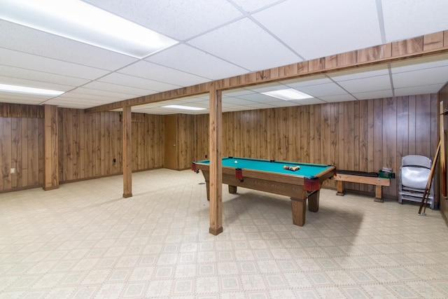 6279 Walker Ct, Troy, MI 48085 - rec room featuring a drop ceiling, pool table, and wooden walls