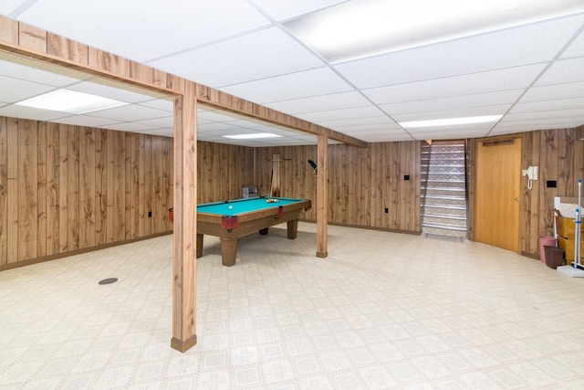 6279 Walker Ct, Troy, MI 48085 - rec room featuring a drop ceiling, pool table, wood walls, and baseboards