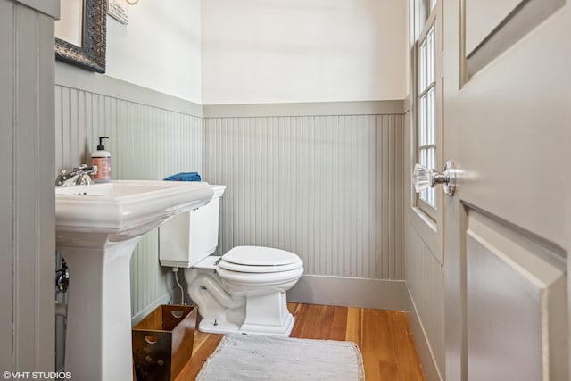 half bathroom with wood finished floors, toilet, a wainscoted wall, a decorative wall, and a sink