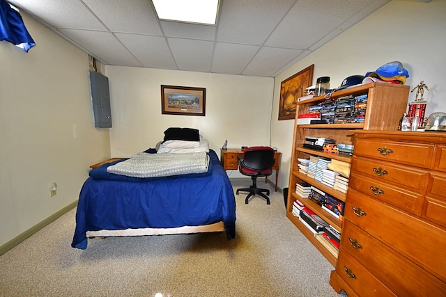 4930 Warrington Way, Gladwin, MI 48624 - bedroom featuring electric panel, a drop ceiling, carpet flooring, and baseboards