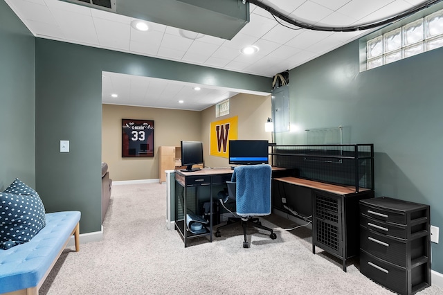carpeted home office featuring baseboards and recessed lighting