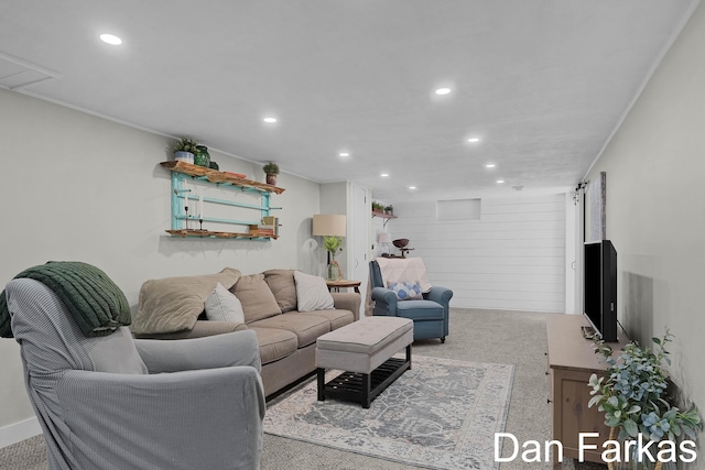 living area with carpet flooring, recessed lighting, and ornamental molding