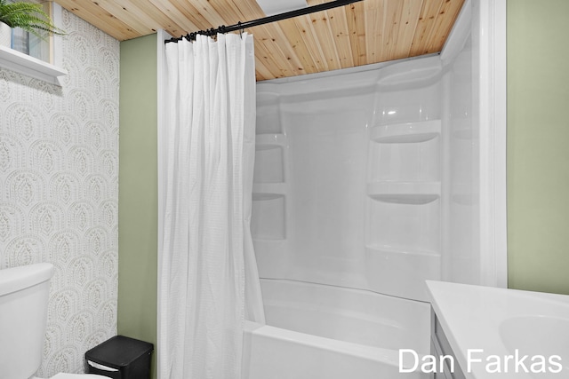 full bathroom featuring wooden ceiling, toilet, vanity, wallpapered walls, and shower / tub combo
