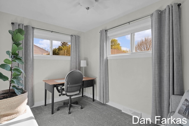 carpeted home office featuring healthy amount of natural light and baseboards