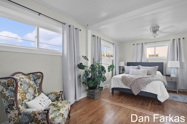 bedroom featuring multiple windows, wood finished floors, and baseboards