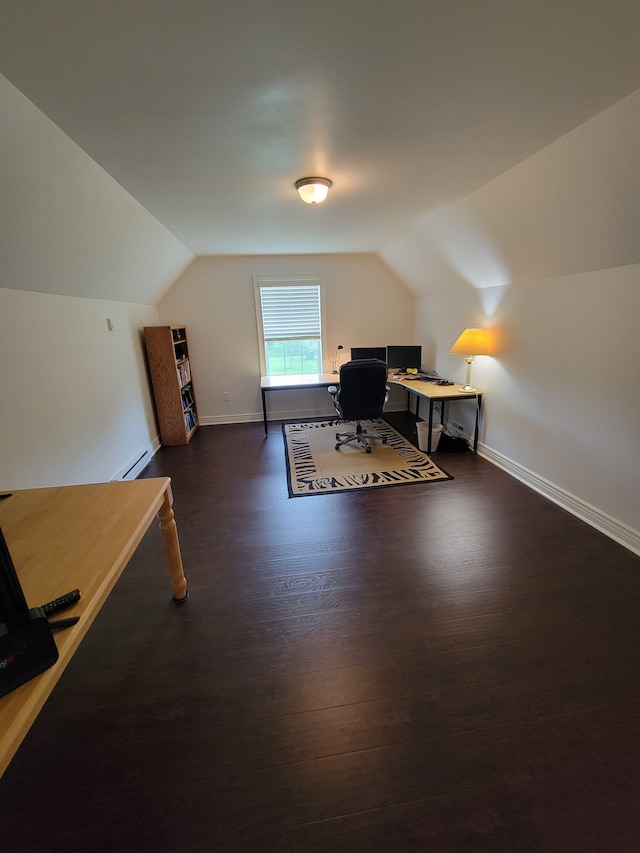 10726 Davisburg Rd, Davisburg, MI 48350 - home office featuring vaulted ceiling, wood finished floors, baseboards, and a baseboard heating unit