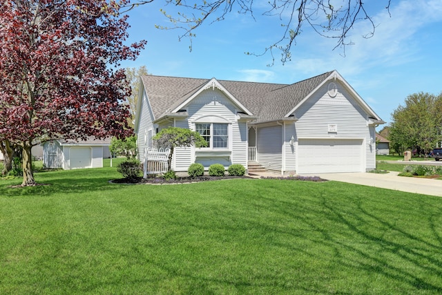 view of front of home with driveway, a front lawn, a garage, and roof with shingles