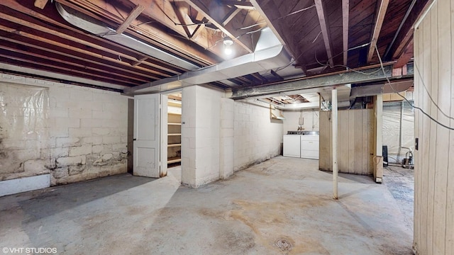 1200 Mohawk Ln, Saint Joseph, MI 49085 - unfinished below grade area featuring separate washer and dryer and concrete block wall
