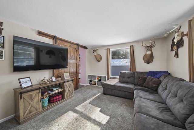 443 S Jackson St, Hanover, MI 49241 - carpeted living room featuring a barn door and baseboards