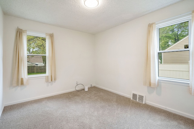 unfurnished room with carpet, plenty of natural light, a textured ceiling, and baseboards