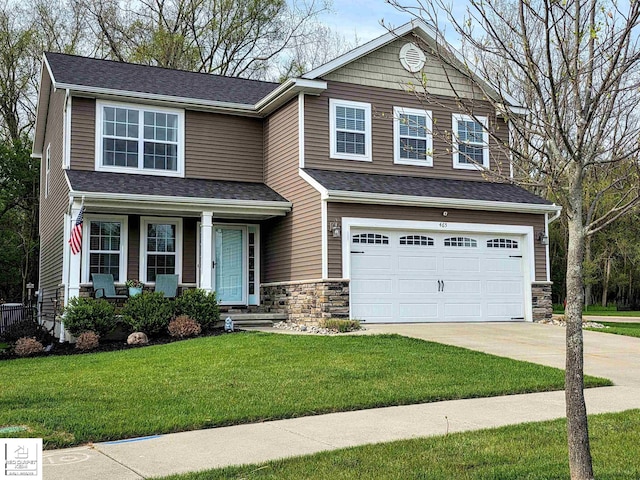 465 Edgewood Pass, Fenton, MI 48430 - view of front of home with a garage, concrete driveway, stone siding, a porch, and a front lawn
