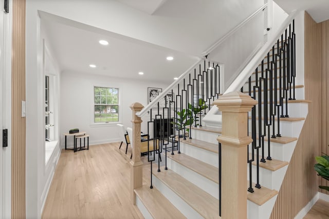 21984 Wildwood St, Dearborn, MI 48128 - stairway featuring recessed lighting, wood finished floors, and baseboards