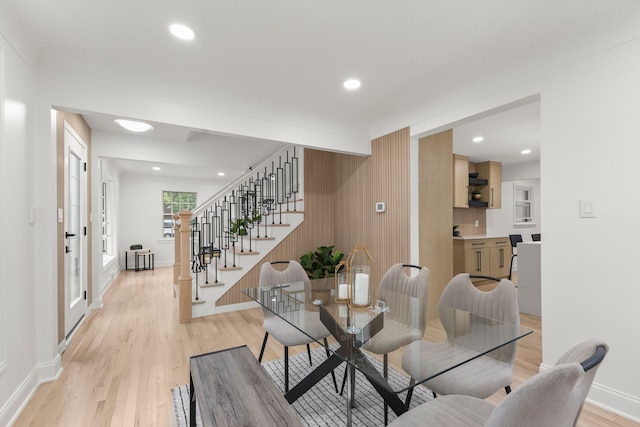 21984 Wildwood St, Dearborn, MI 48128 - dining area with stairway, light wood-type flooring, baseboards, and recessed lighting