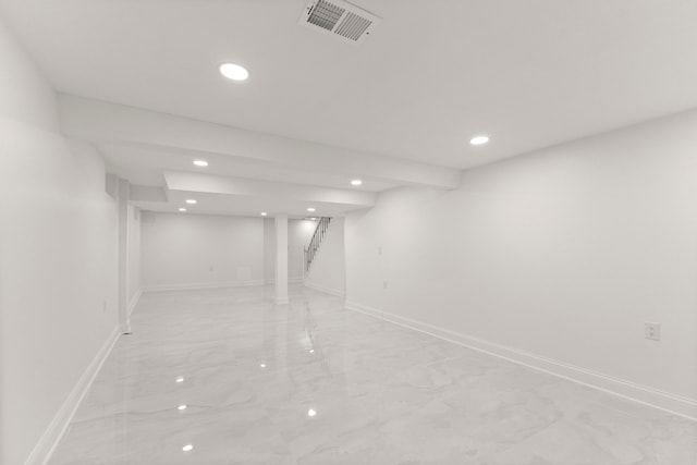 21984 Wildwood St, Dearborn, MI 48128 - finished basement featuring stairs, recessed lighting, baseboards, and light marble finish flooring