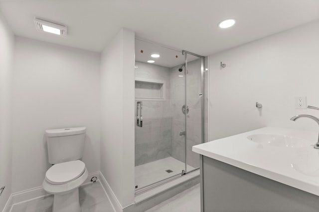 21984 Wildwood St, Dearborn, MI 48128 - full bathroom featuring baseboards, marble look tile flooring, a stall shower, toilet, and recessed lighting