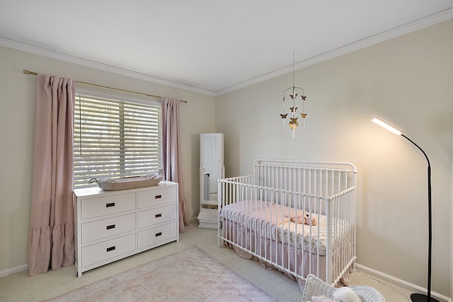 2015 Hazel Ave, Wixom, MI 48393 - bedroom featuring crown molding, light carpet, baseboards, and a chandelier
