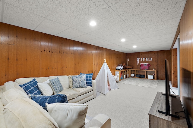 2015 Hazel Ave, Wixom, MI 48393 - living room with wooden walls, carpet flooring, a paneled ceiling, and recessed lighting