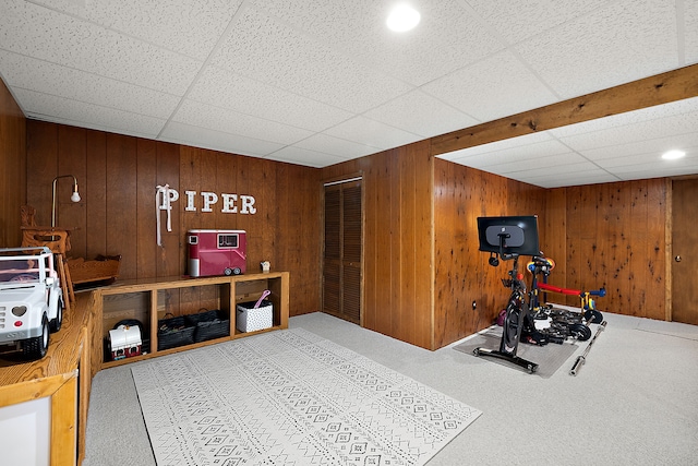 2015 Hazel Ave, Wixom, MI 48393 - exercise area featuring wooden walls and carpet floors
