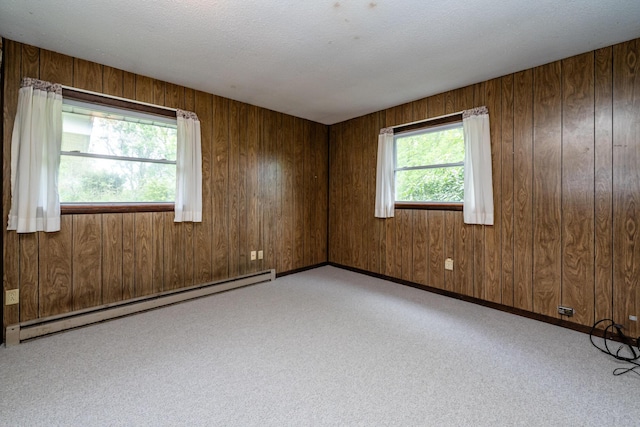 5575 Meadowbrook Rd, Eau Claire, MI 49111 - empty room featuring a baseboard radiator, plenty of natural light, light colored carpet, and wooden walls
