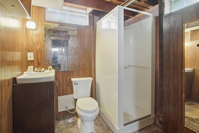 29660 Avondale St, Inkster, MI 48141 - bathroom featuring a shower stall, vanity, toilet, and wood walls