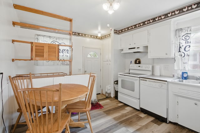 29660 Avondale St, Inkster, MI 48141 - kitchen featuring white appliances, under cabinet range hood, a sink, light wood-type flooring, and white cabinets