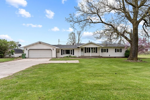 ranch-style home with an attached garage, concrete driveway, a front lawn, a shingled roof, and a porch