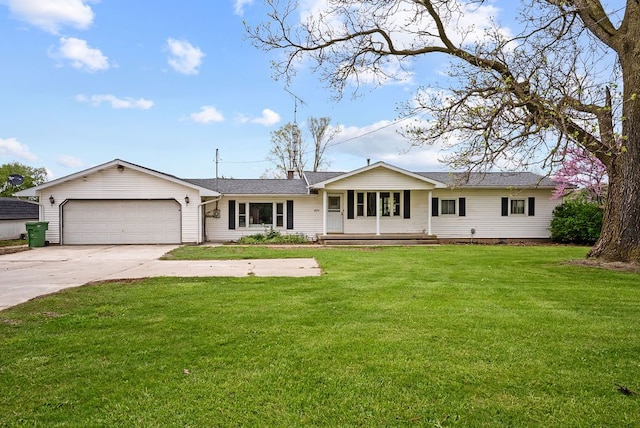ranch-style home with an attached garage, concrete driveway, a front lawn, a shingled roof, and covered porch