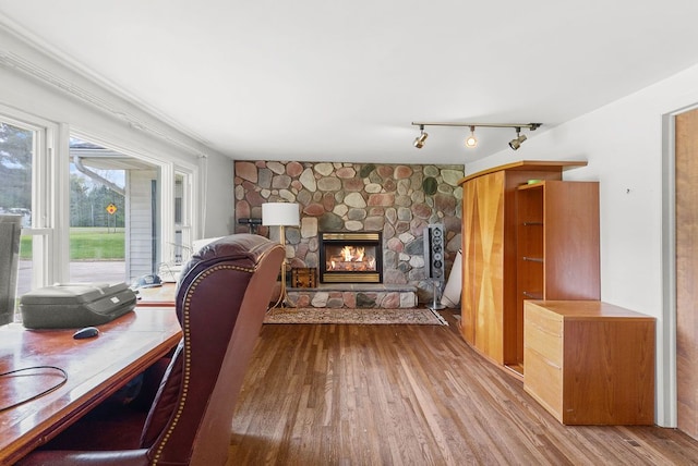 office area with wood finished floors and a fireplace