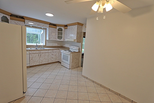 4003 Old Dominion Dr, West Bloomfield, MI 48323 - kitchen featuring white appliances, a sink, light tile patterned floors, ceiling fan, and glass insert cabinets