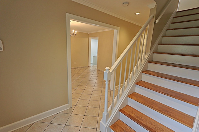 4003 Old Dominion Dr, West Bloomfield, MI 48323 - stairs with ornamental molding, tile patterned flooring, baseboards, a chandelier, and recessed lighting