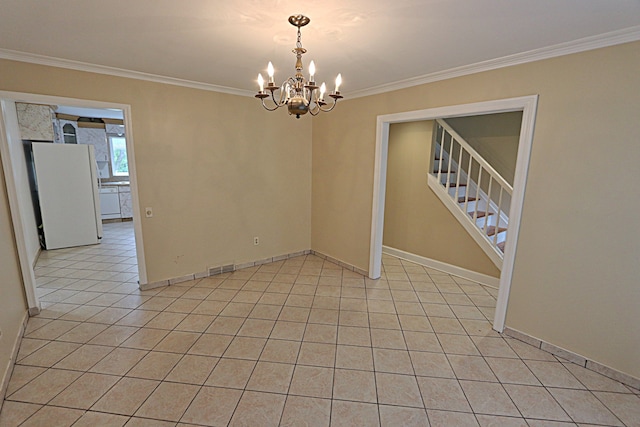 4003 Old Dominion Dr, West Bloomfield, MI 48323 - empty room with ornamental molding, a chandelier, baseboards, light tile patterned floors, and stairs