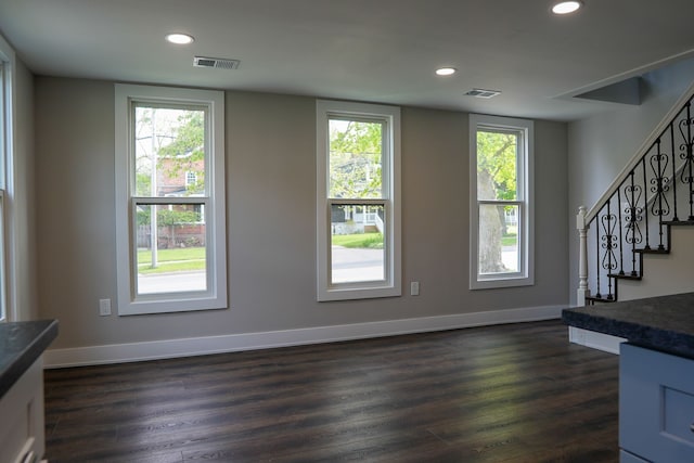 278 W Saint Clair St, Romeo, MI 48065 - unfurnished living room with stairs, recessed lighting, dark wood finished floors, and baseboards