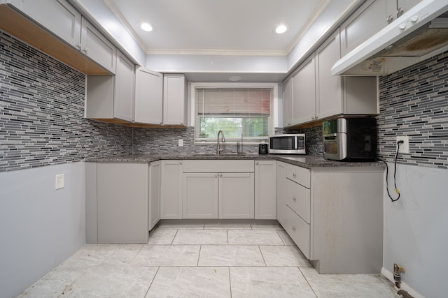 kitchen with under cabinet range hood, stainless steel microwave, a sink, decorative backsplash, and crown molding