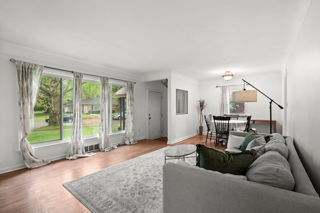 living area with healthy amount of natural light, wood finished floors, and baseboards