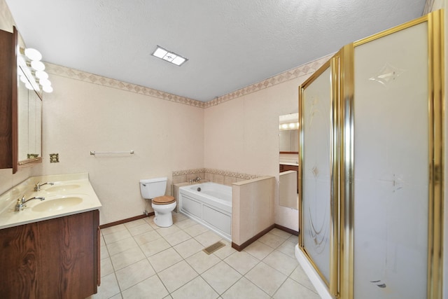 216 Wickenham Dr, Spring Arbor, MI 49283 - bathroom with a garden tub, a shower stall, double vanity, a textured ceiling, and tile patterned floors